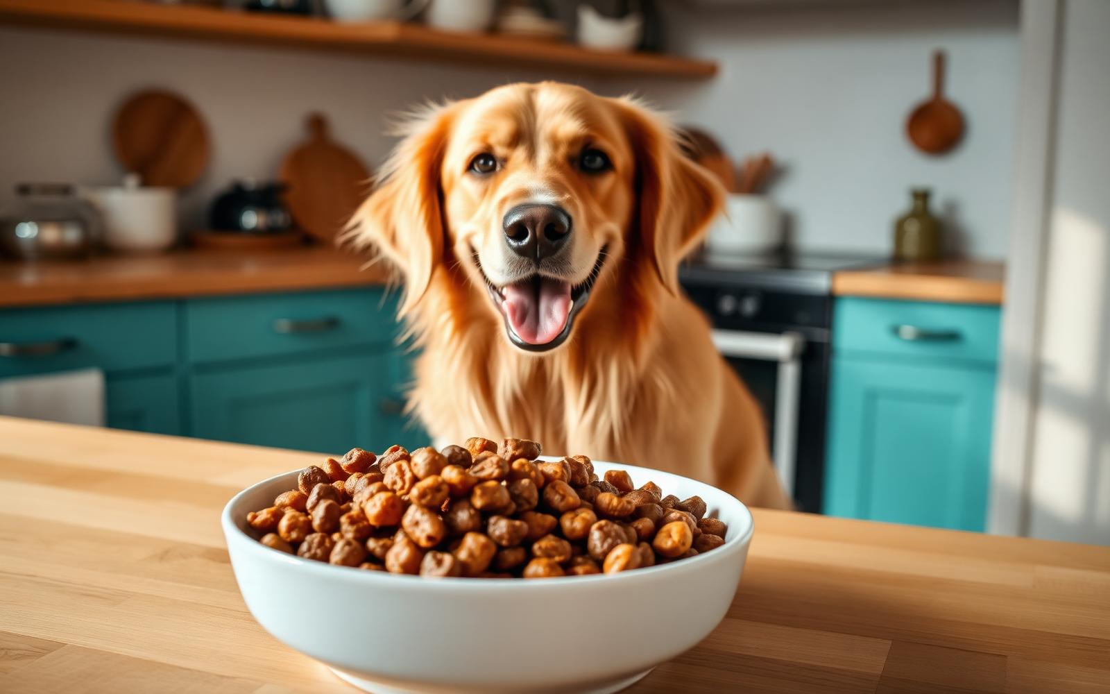 Happy golden retriever beside a bowl of fresh Ollie dog food in a kitchen